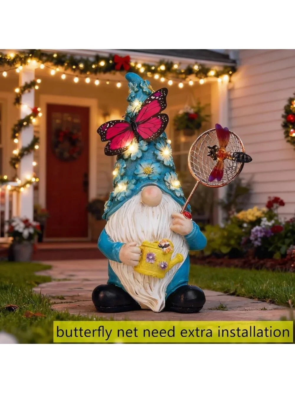 Solar Garden Gnome Statue with Butterfly & LED Flowers - Outdoor Decor for Patio